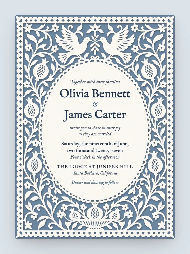 Papercut digital wedding invitation in Dusty Blue