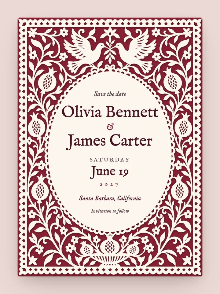 Papercut digital save the date in Pomegranate