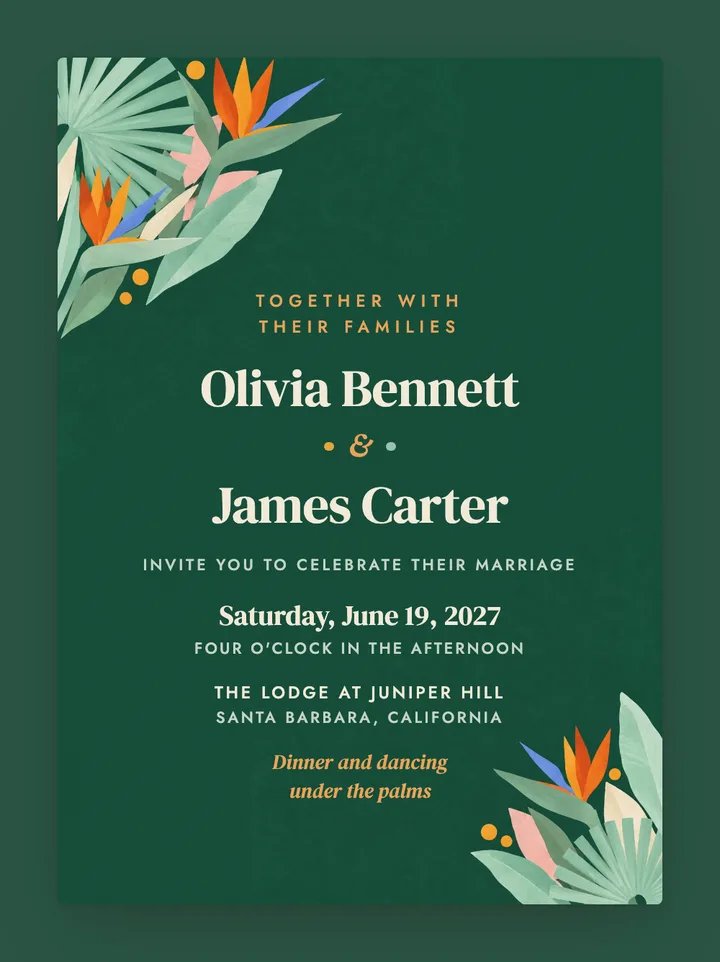Paradise digital wedding invitation in Emerald