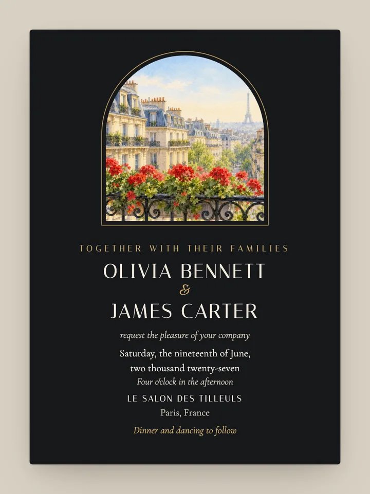 Paris digital wedding invitation in Black & Gold