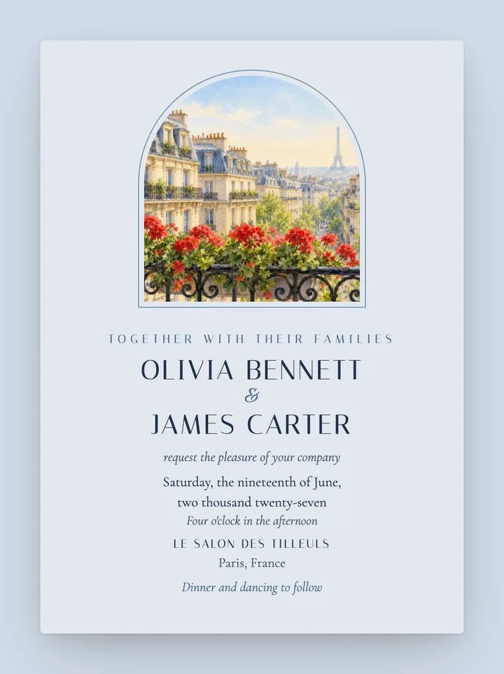 Paris digital wedding invitation in Dusty Blue