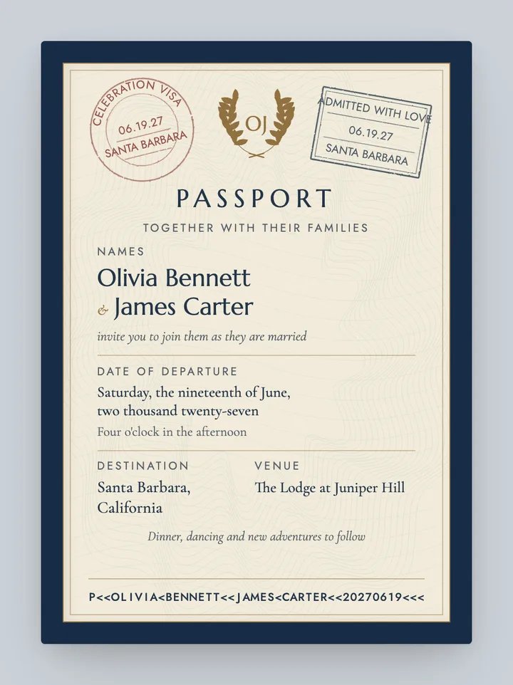 Passport digital wedding invitation in Navy Passport