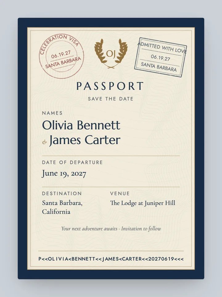 Passport digital save the date in Navy Passport