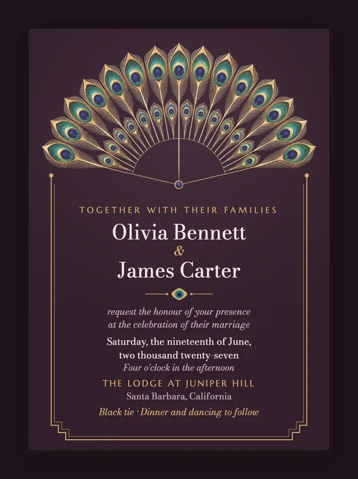 Peacock digital wedding invitation in Mauve