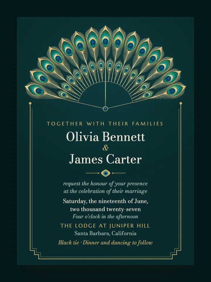 Peacock digital wedding invitation in Teal