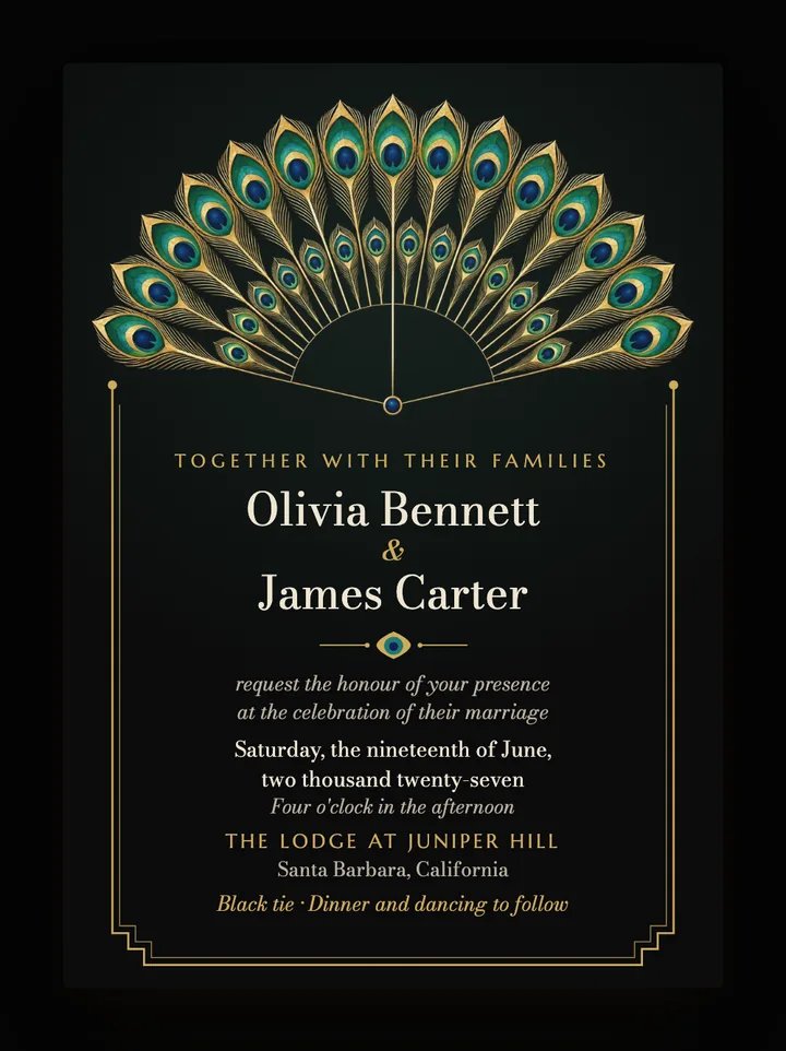 Peacock digital wedding invitation in Black & Gold
