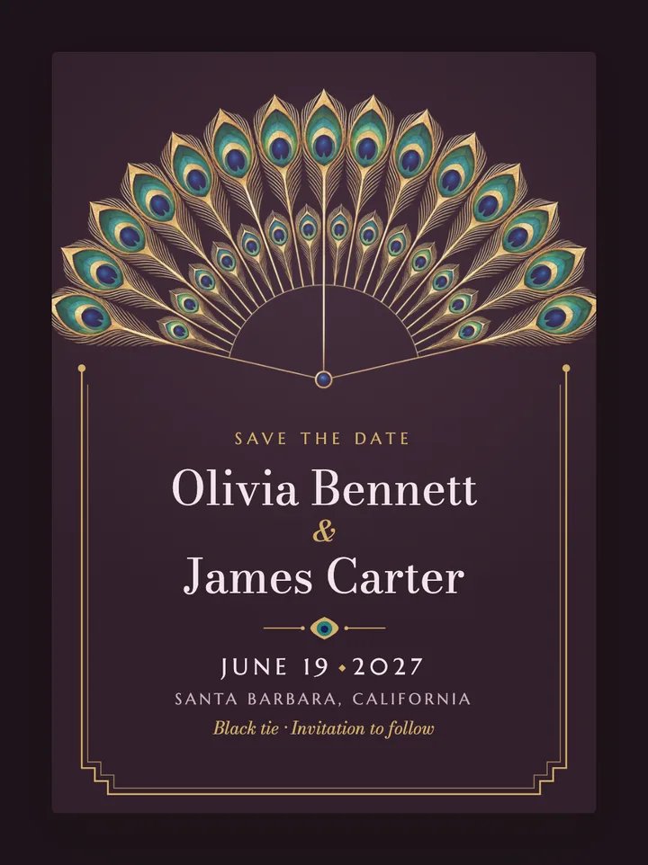 Peacock digital save the date in Mauve