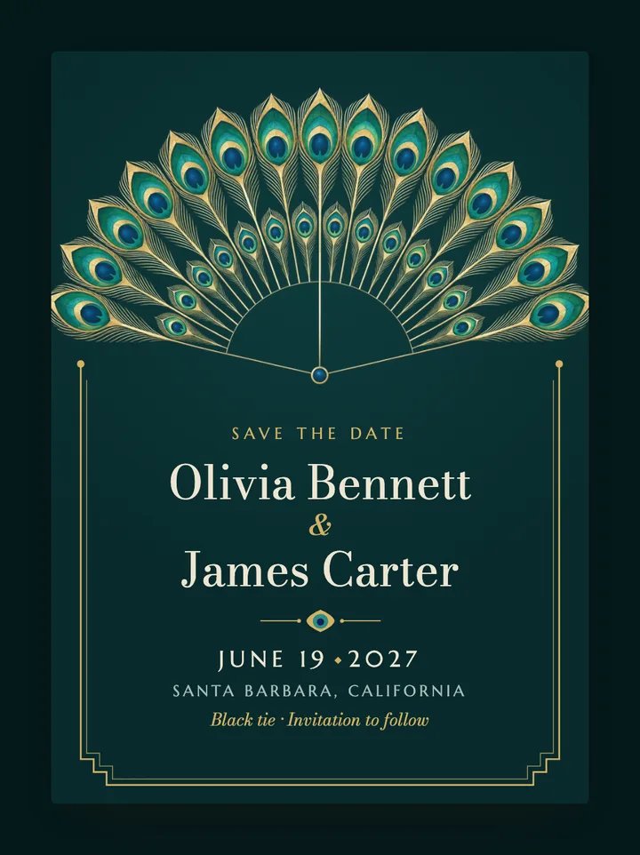 Peacock digital save the date in Teal