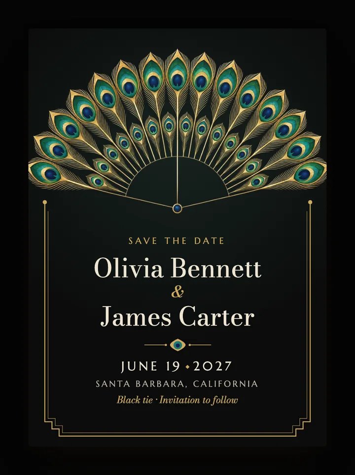 Peacock digital save the date in Black & Gold