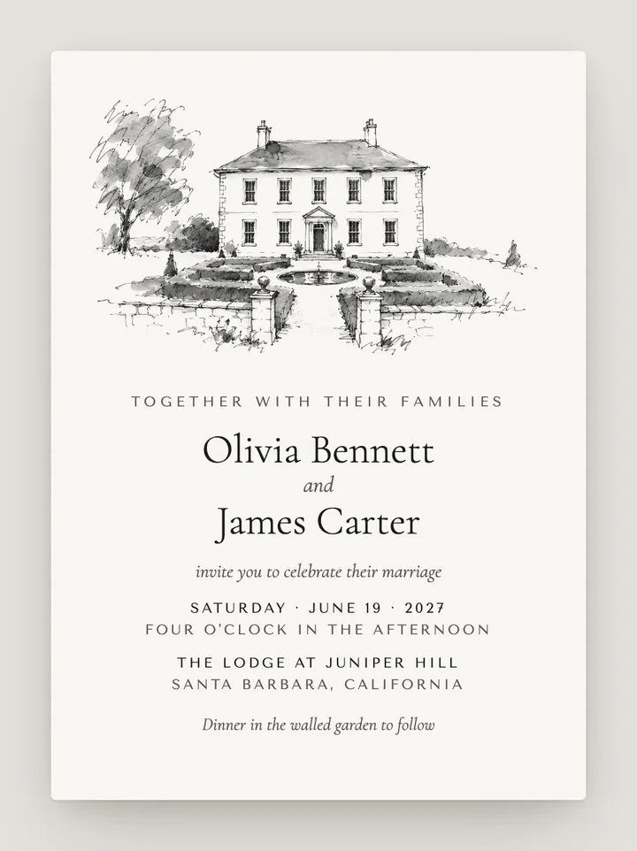 Penned digital wedding invitation in Black & White
