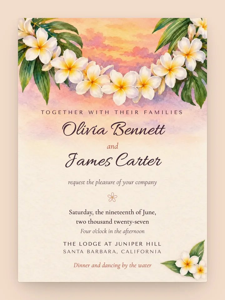 Plumeria digital wedding invitation in Sunset