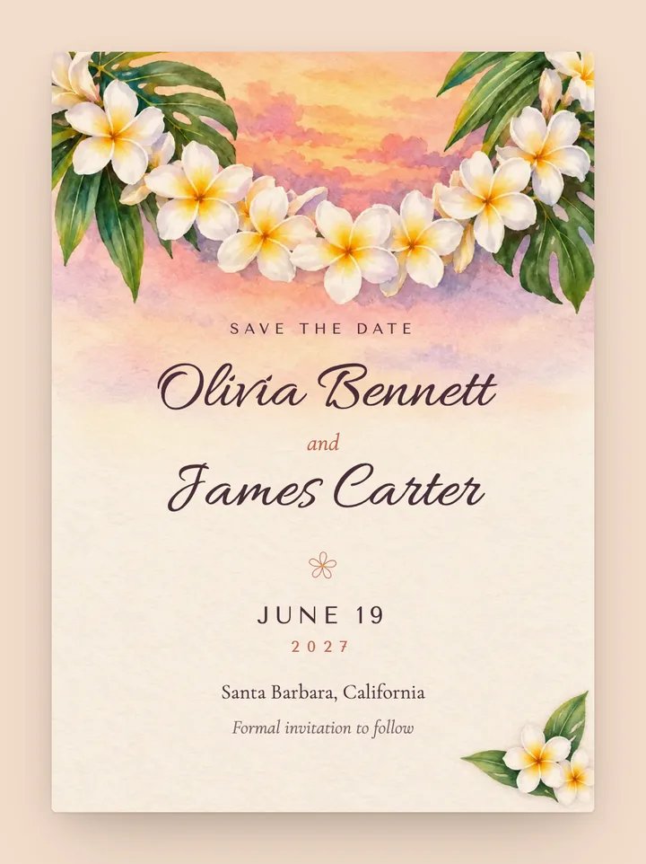 Plumeria digital save the date in Sunset