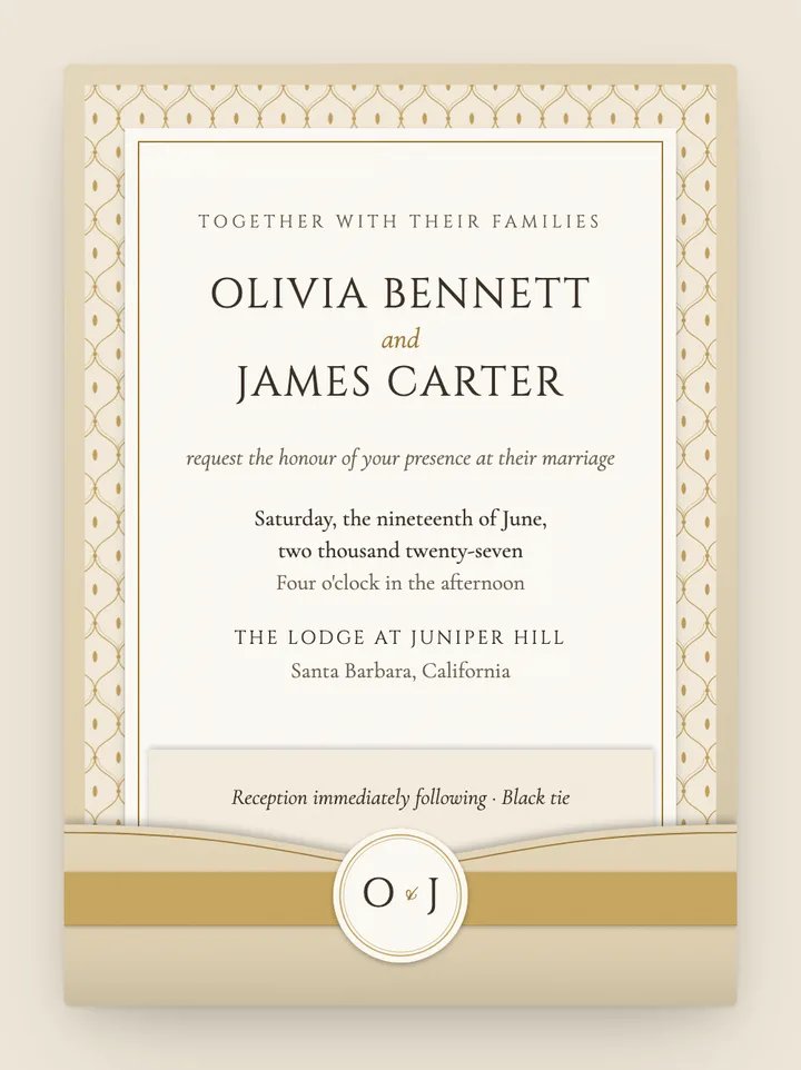 Pocketfold digital wedding invitation in Ivory & Gold