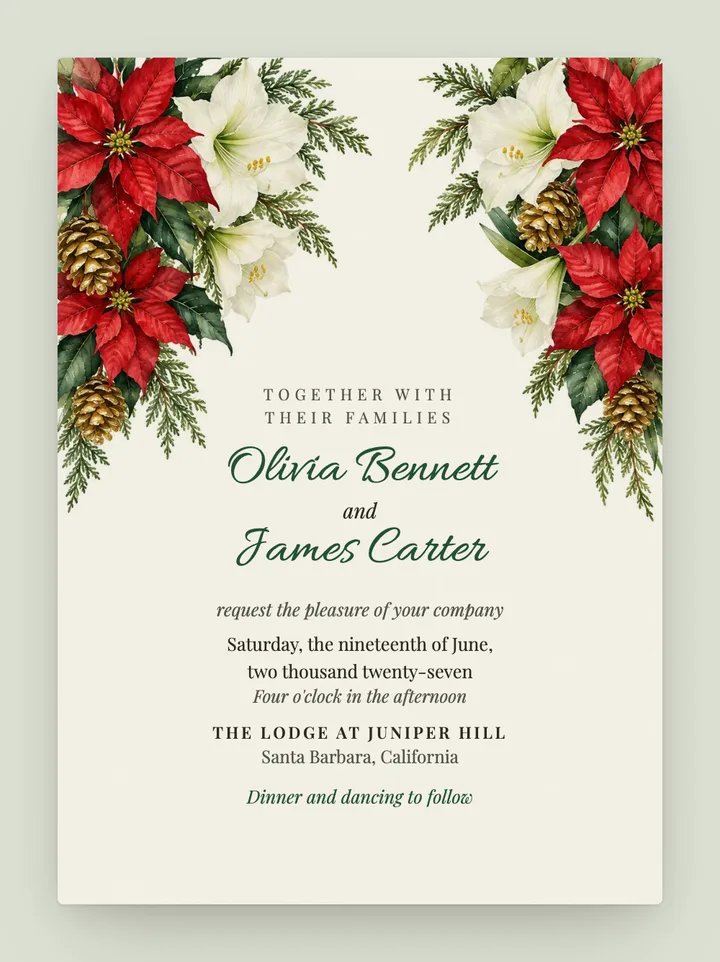 Poinsettia digital wedding invitation in Forest Green