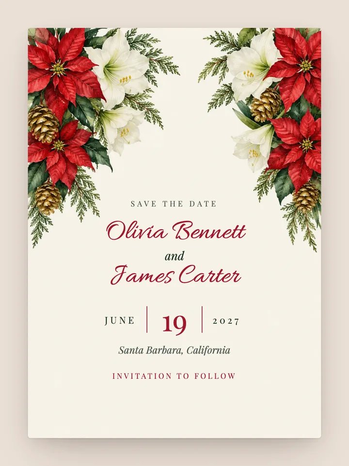 Poinsettia digital save the date in Cherry Red