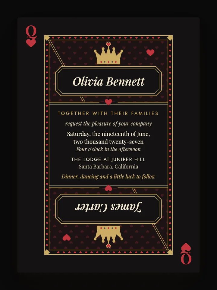 Queen of Hearts digital wedding invitation in Black & Gold