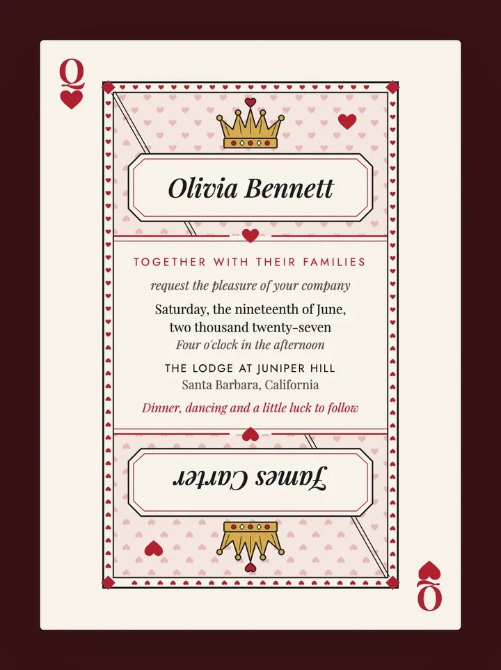 Queen of Hearts digital wedding invitation in Classic Red