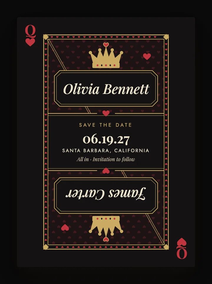 Queen of Hearts digital save the date in Black & Gold