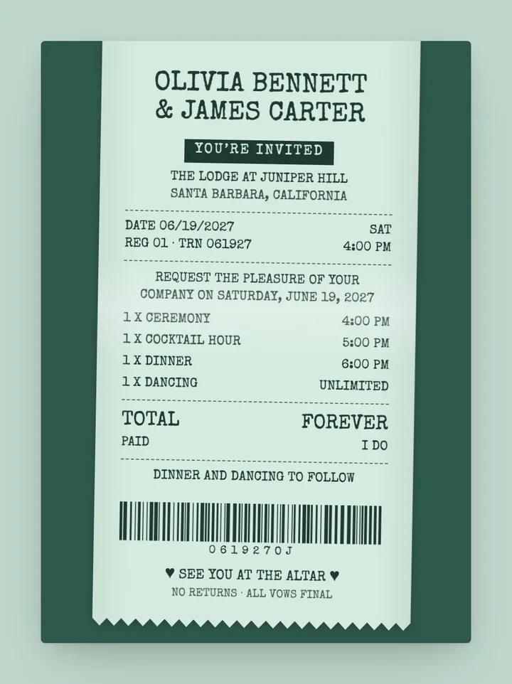 Receipt digital wedding invitation in Mint Paper