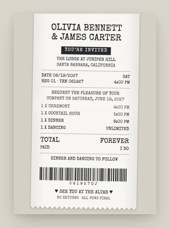 Receipt digital wedding invitation in Thermal White