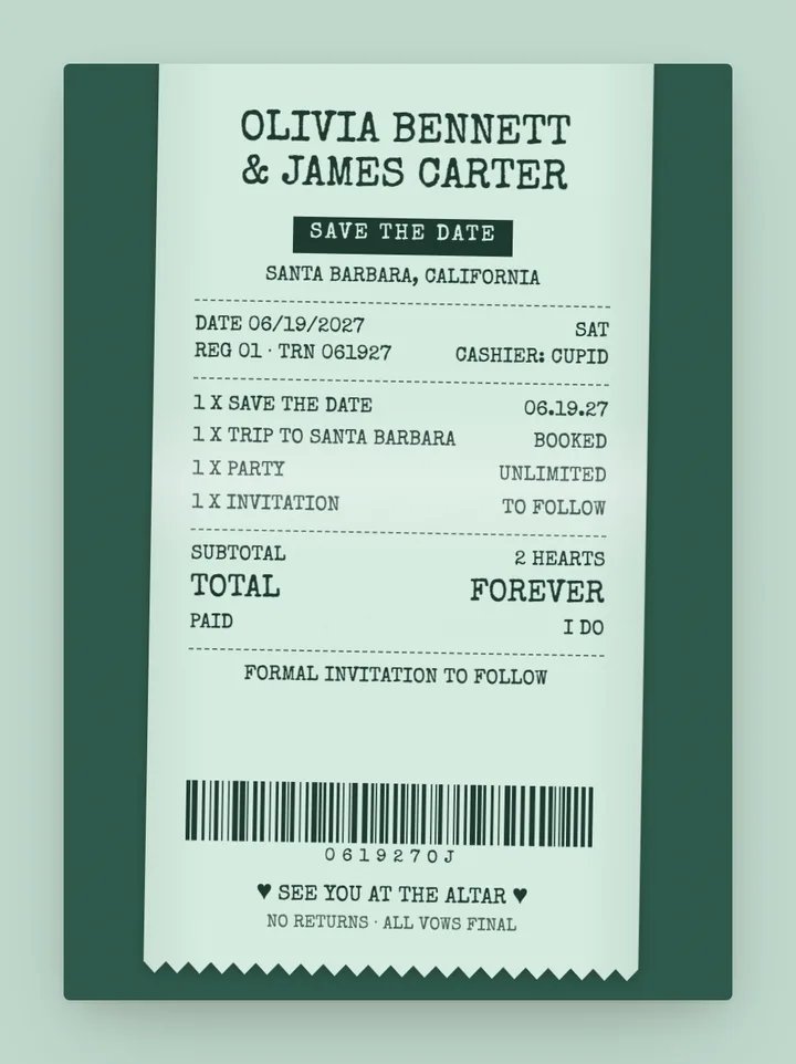 Receipt digital save the date in Mint Paper