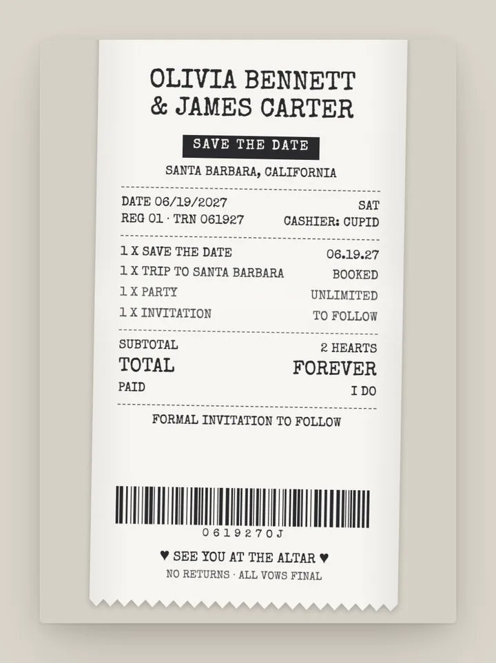 Receipt digital save the date in Thermal White