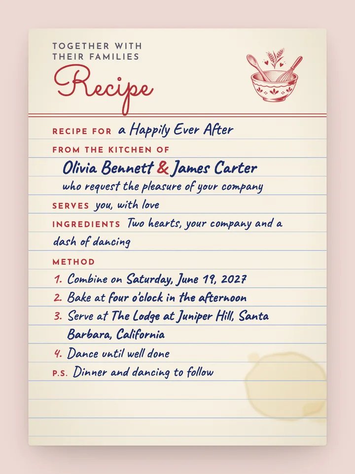 Recipe Card digital wedding invitation in Cherry Red