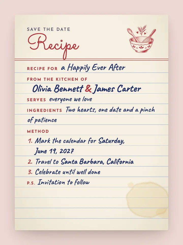 Recipe Card digital save the date in Cherry Red