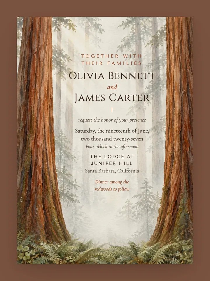 Redwood digital wedding invitation in Rust & Ivory