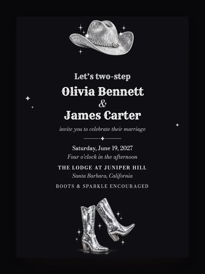 Rhinestone digital wedding invitation in Silver & Black