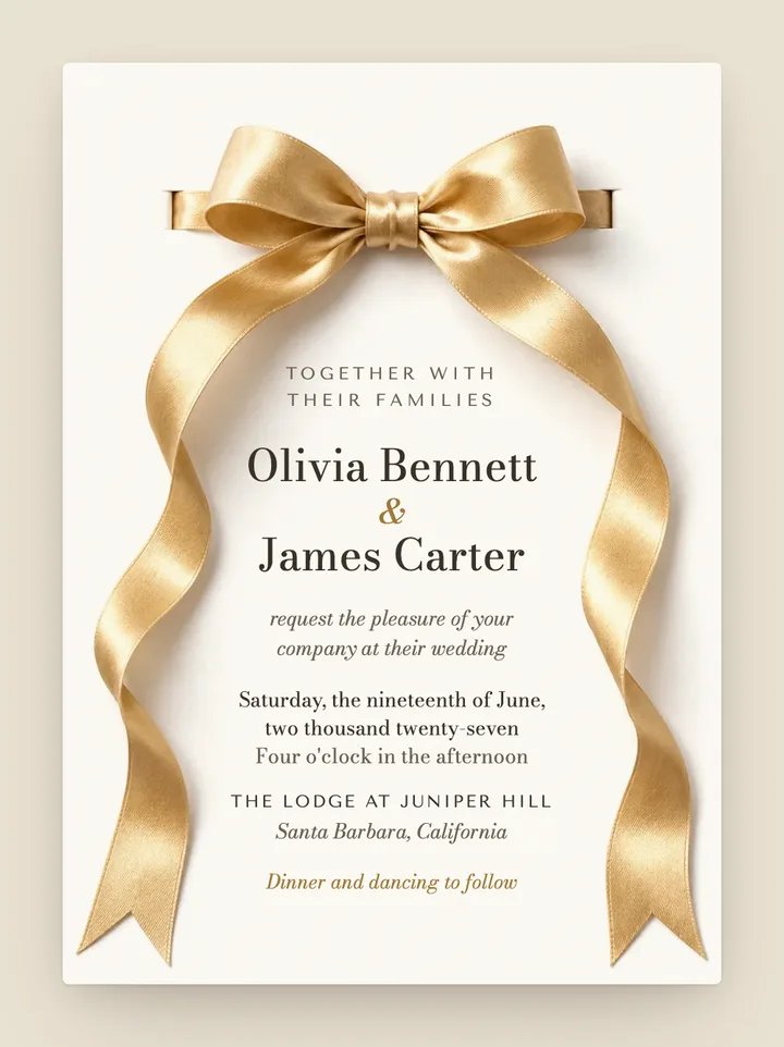 Ribbon digital wedding invitation in Ivory & Gold