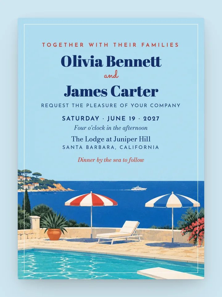 Riviera digital wedding invitation in Azure