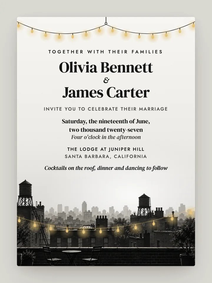 Rooftop digital wedding invitation in Black & White