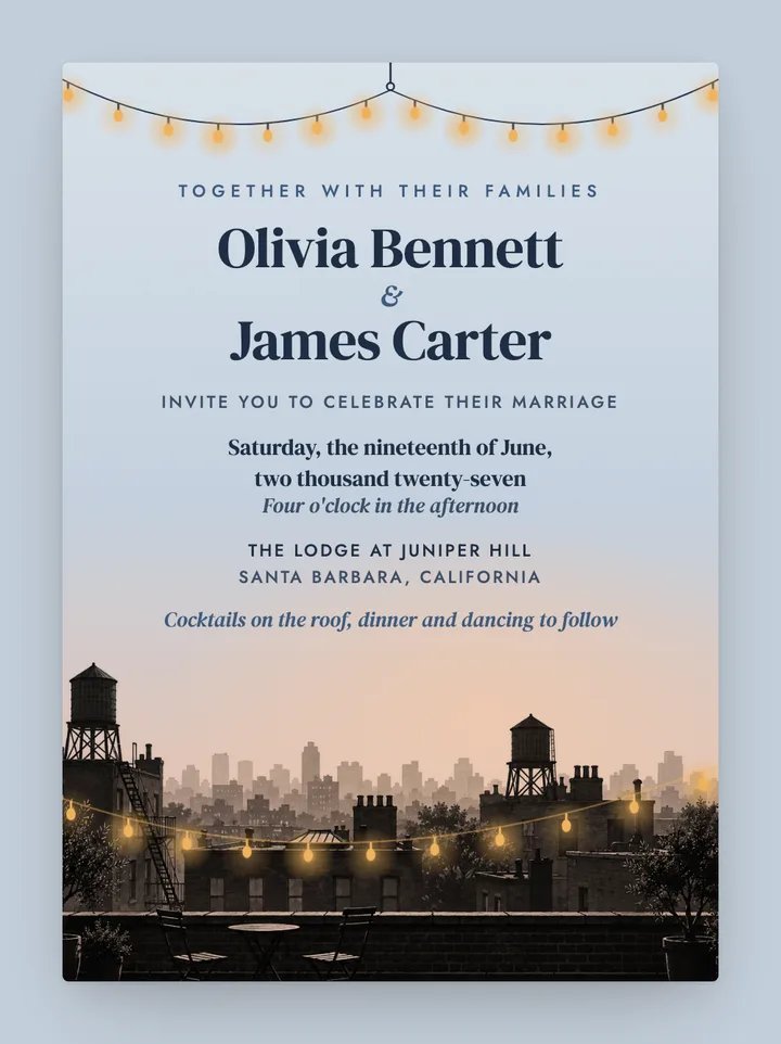 Rooftop digital wedding invitation in Dusty Blue