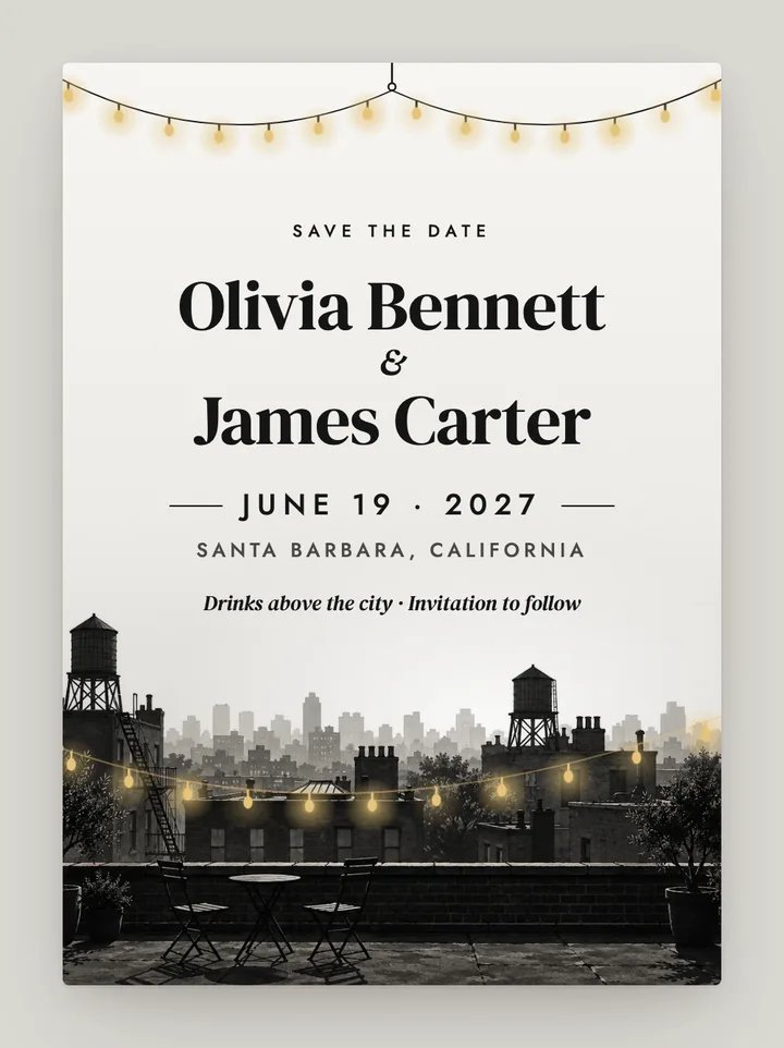 Rooftop digital save the date in Black & White