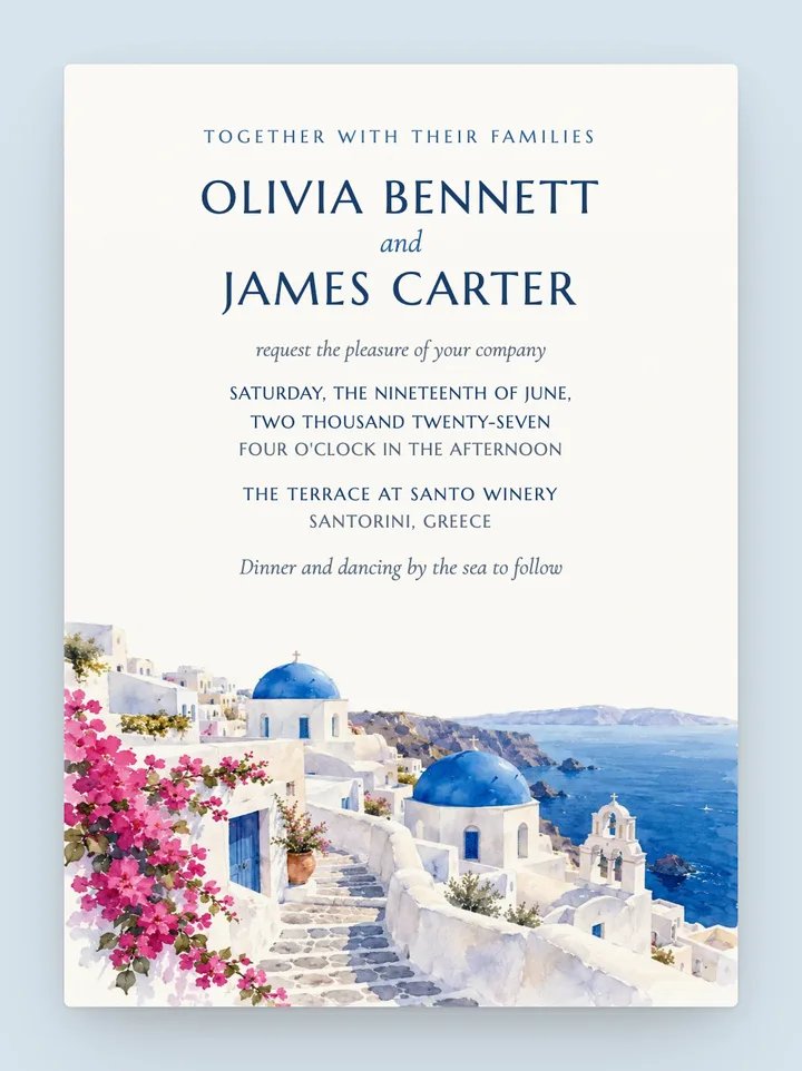 Santorini digital wedding invitation in Aegean