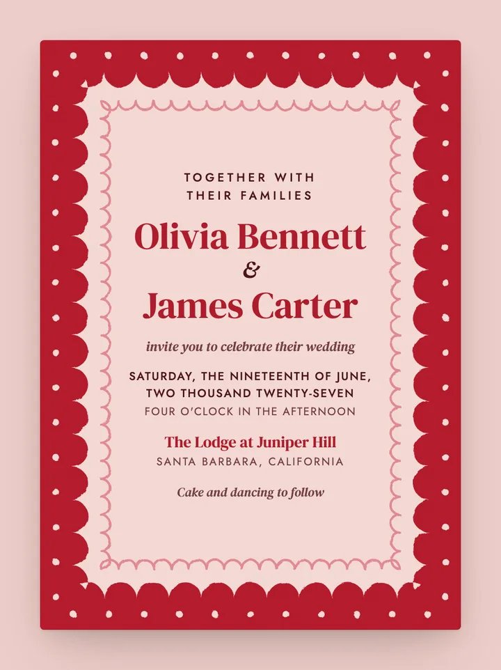 Scallop digital wedding invitation in Blush & Cherry