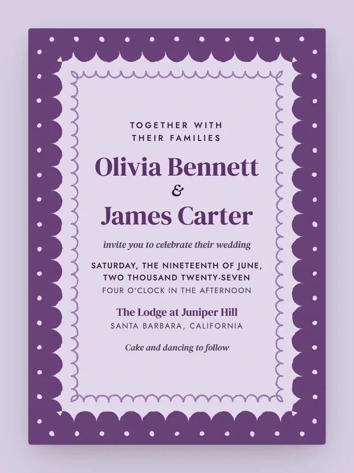 Scallop digital wedding invitation in Lavender