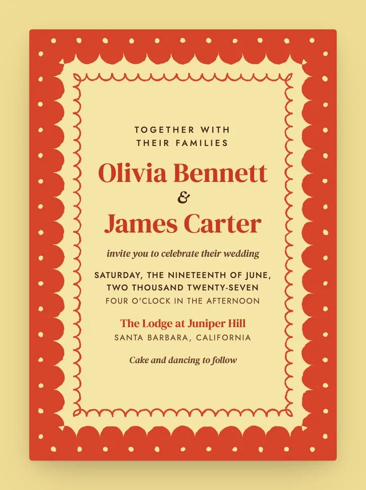 Scallop digital wedding invitation in Butter & Tomato