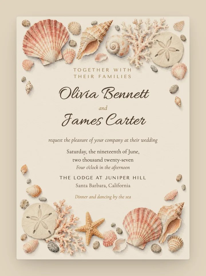 Seashell digital wedding invitation in Champagne