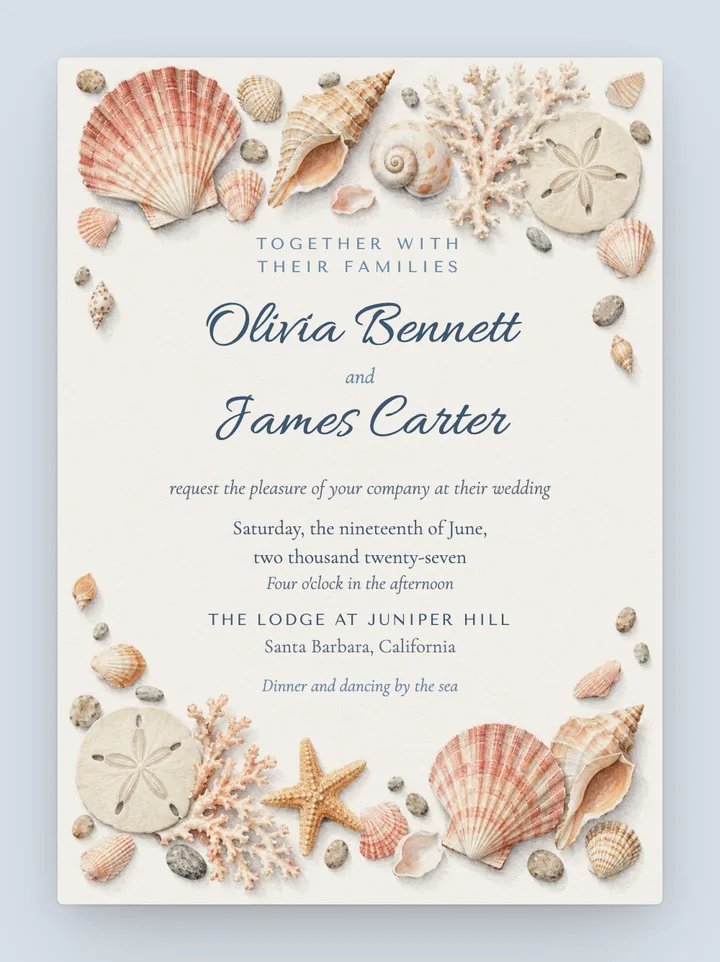 Seashell digital wedding invitation in Dusty Blue