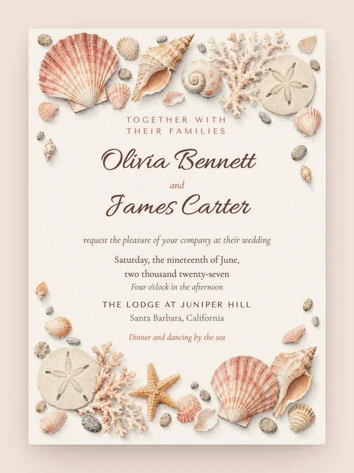 Seashell digital wedding invitation in Coral & Cream