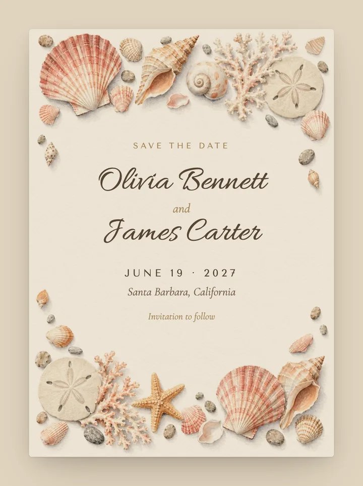 Seashell digital save the date in Champagne
