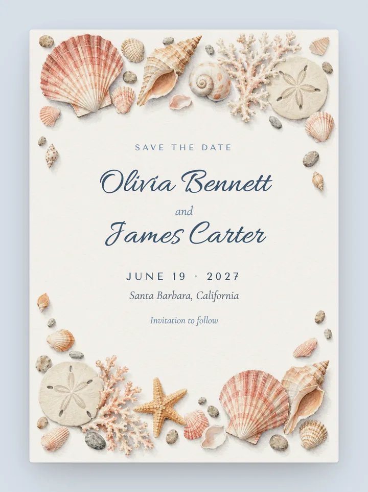 Seashell digital save the date in Dusty Blue
