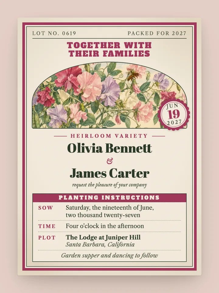 Seed Packet digital wedding invitation in Sweet Pea Pink