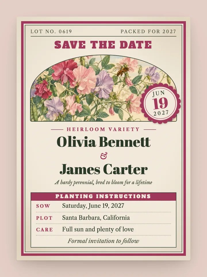 Seed Packet digital save the date in Sweet Pea Pink
