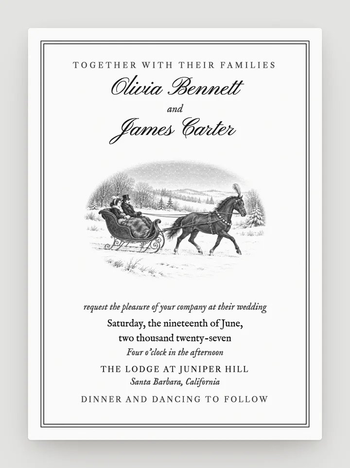Sleigh Bells digital wedding invitation in Black & White