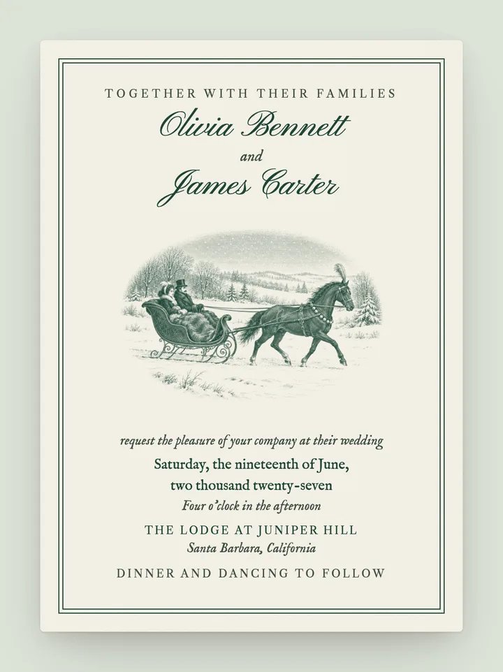 Sleigh Bells digital wedding invitation in Evergreen