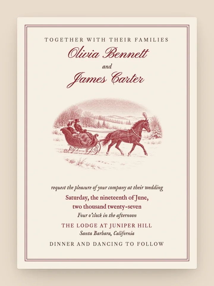 Sleigh Bells digital wedding invitation in Cherry Red