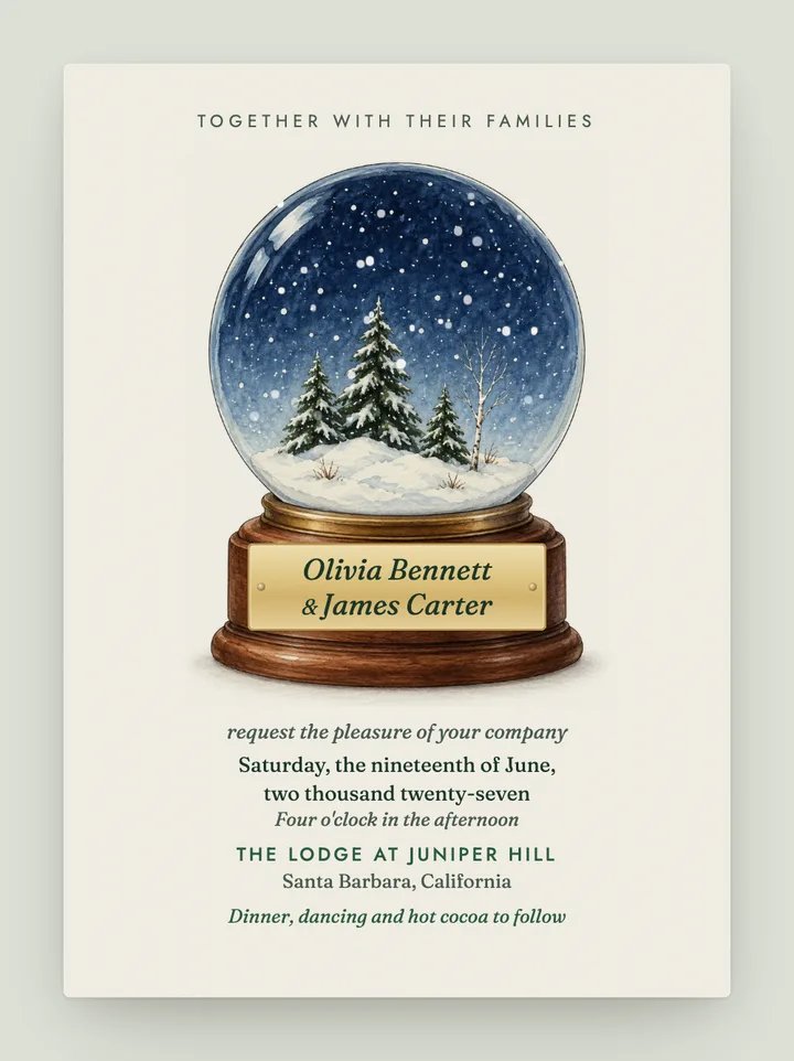 Snow Globe digital wedding invitation in Forest Green